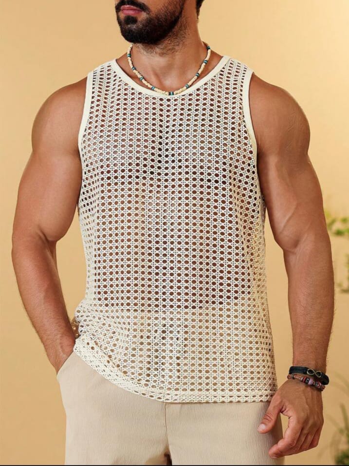 Men's Summer Vacation Style Mesh Sleeveless See-Through Tank Top Men Mesh Tank Top